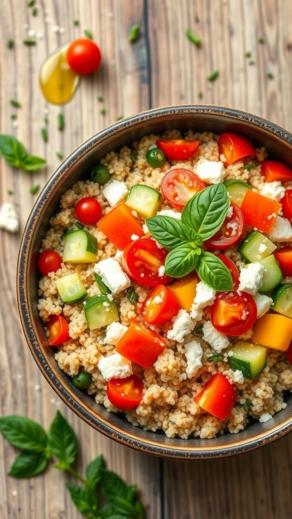 A colorful Italian quinoa bowl with cherry tomatoes, cucumbers, bell peppers, and feta cheese, garnished with basil on a rustic table.